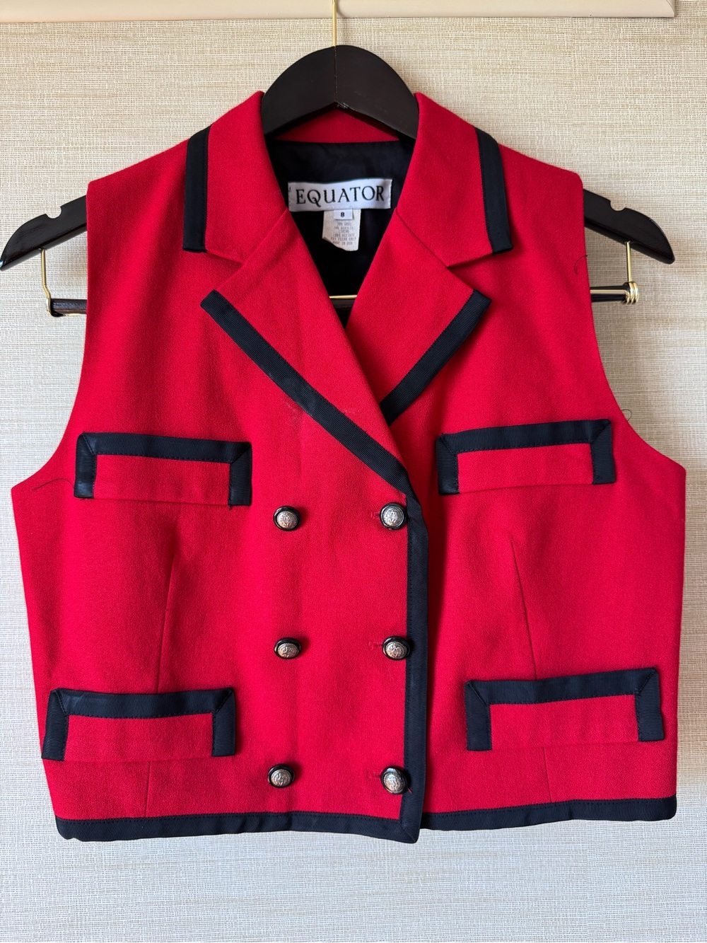 Equator Vintage 90s Red Double-Breasted Sleeveless Wool Blazer Military Vest 8